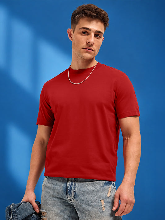 Leotude Red Solid Regular Fit Tshirt for Men