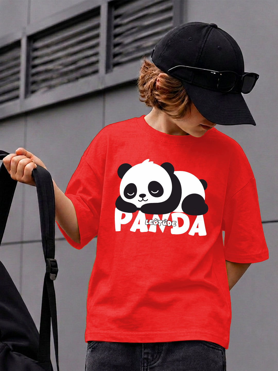 Leotude Boys "Panda" Printed Oversized T-Shirt — Red Kids Streetwear Tee
