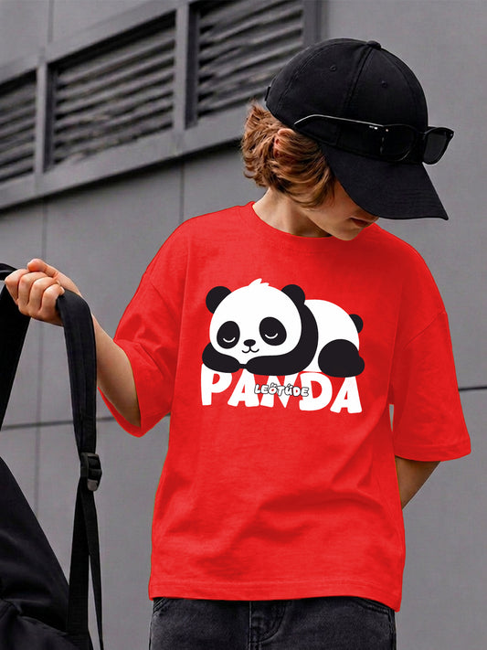 Leotude Boys "Panda" Printed Oversized T-Shirt — Red Kids Streetwear Tee