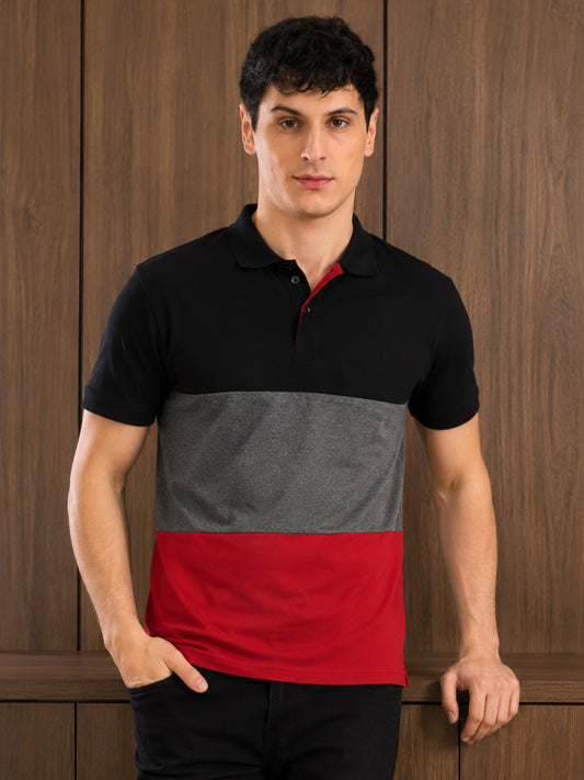 Leotude Men's Black Charcoal Red Colour Block Polo T-Shirt