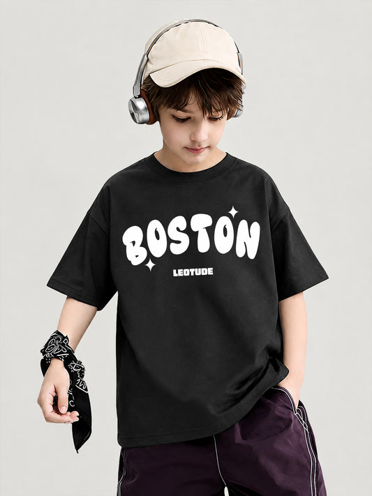 Leotude Boys "Boston" Printed Oversized T-Shirt — Black Kids Streetwear Tee