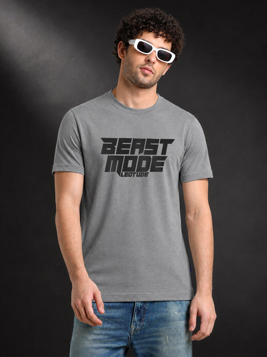 Leotude Grey Beast Mode Printed Regular Fit Tshirt for Men