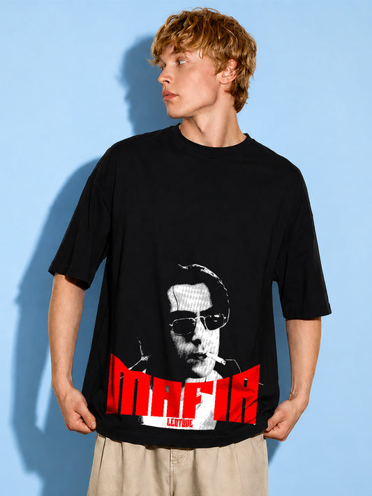 Leotude Men's Mafia Portrait Printed Black Oversized T-Shirt