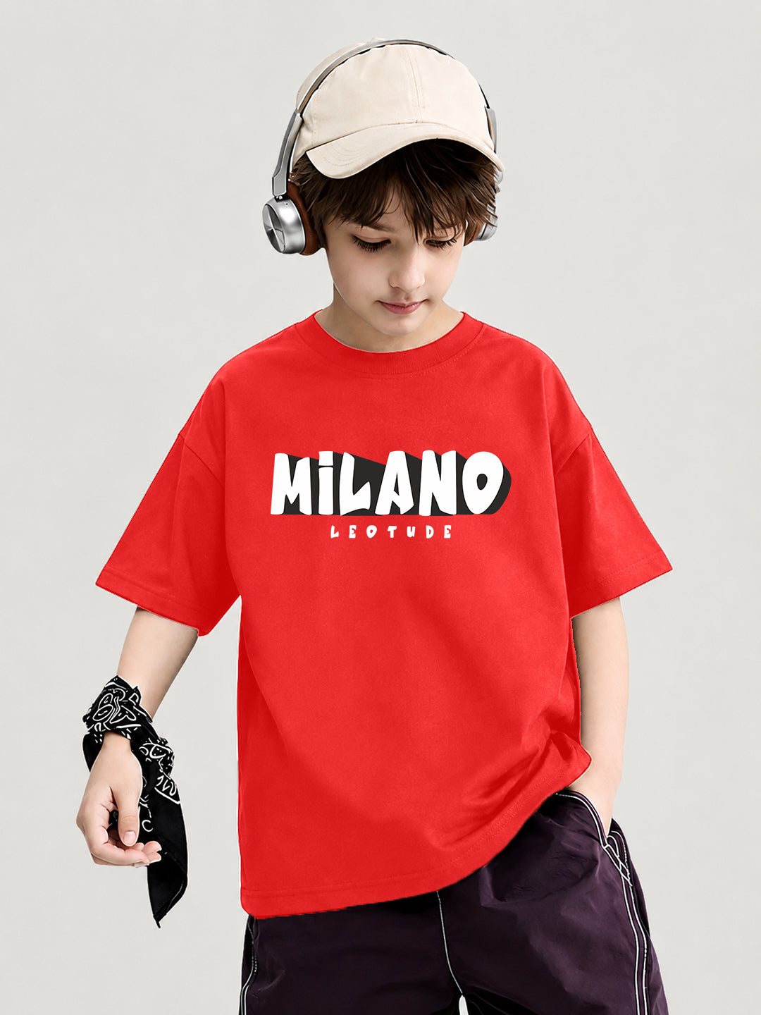 Leotude Boys "Milano" Printed Oversized T-Shirt — Red Kids Streetwear Tee