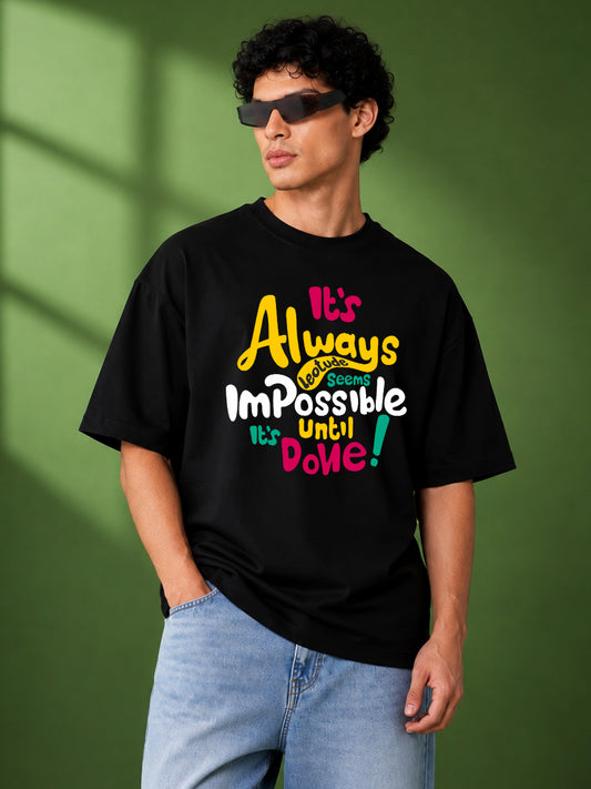Leotude Black Impossible Printed Oversized Tshirt for Men