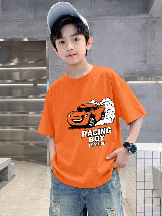 Leotude Boys "Racing Boy" Printed Oversized T-Shirt — Orange Kids Streetwear Tee