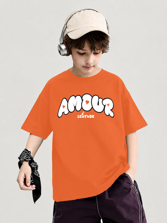 Leotude Boys "Amour" Printed Oversized T-Shirt — Orange Kids Streetwear Tee