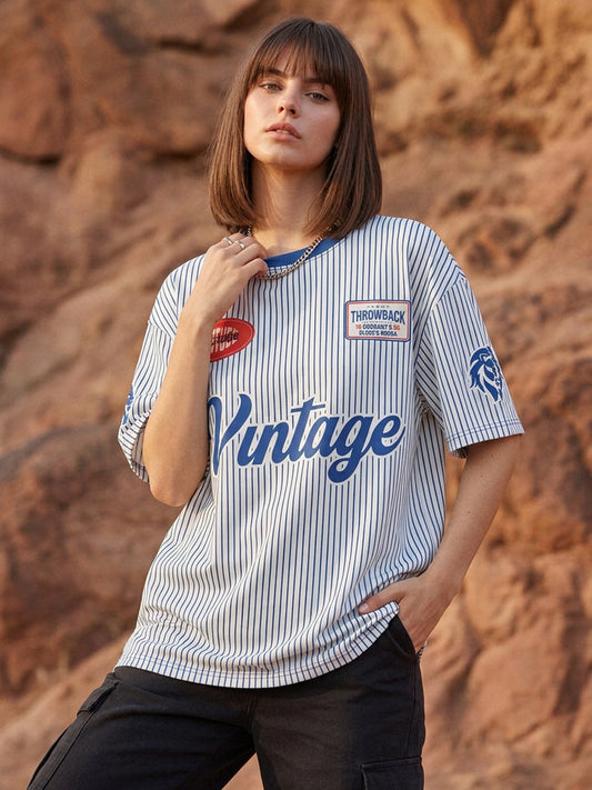 Leotude "Vintage" Throwback Baseball Jersey T-Shirt — Women's Pinstripe Oversized Tee