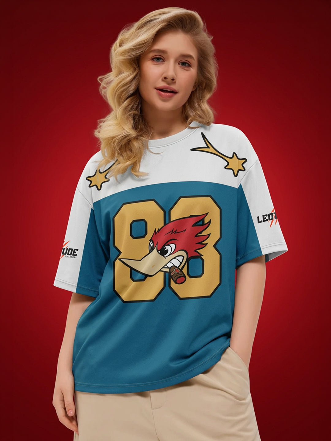 Leotude "Woodpecker 88" Cartoon Jersey Oversized T-Shirt — Women's Colorblock Tee