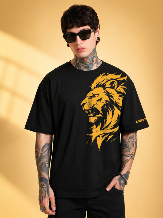 Leotude Men's "Lion" Printed Oversized T-Shirt — Black Streetwear Tee