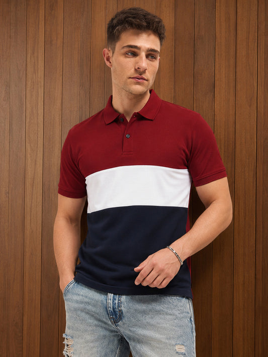 Leotude Men's Maroon White Navy Colour Block Polo T-Shirt