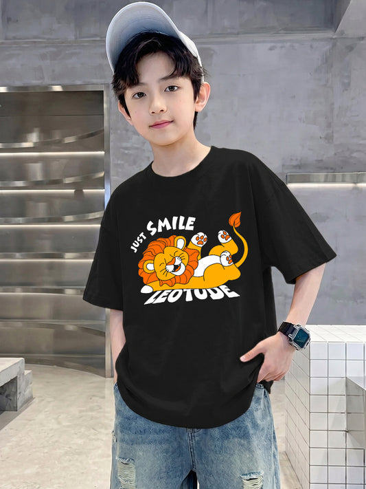 Leotude Boys "Just Smile" Printed Oversized T-Shirt — Black Kids Streetwear Tee