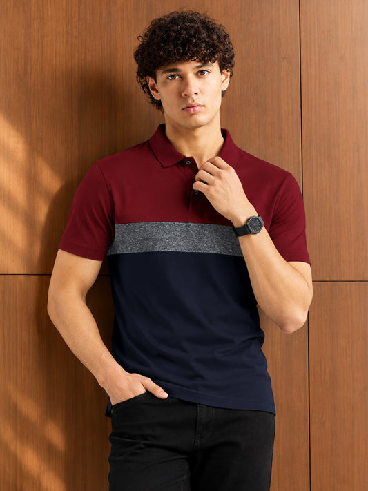 Leotude Men's Maroon Colour Block Polo T-Shirt