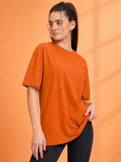 Leotude Oversized Plain T-Shirt — Women's Solid Cotton Drop-Shoulder Tee - Orange