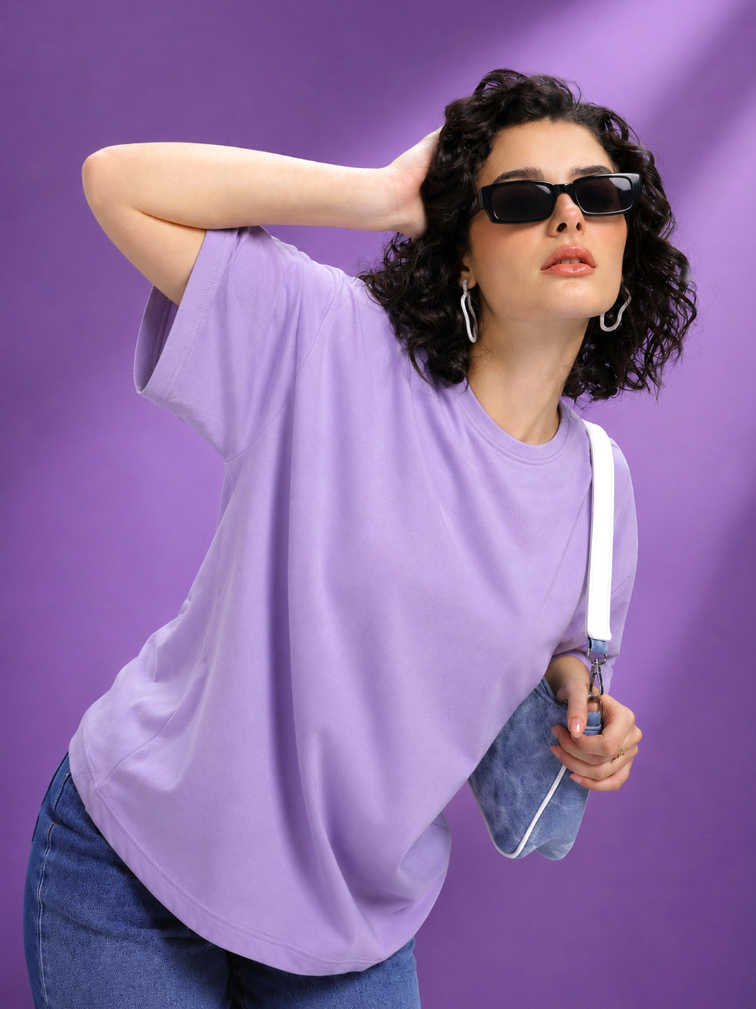 Leotude Oversized Plain T-Shirt — Women's Solid Cotton Drop-Shoulder Tee - Purple