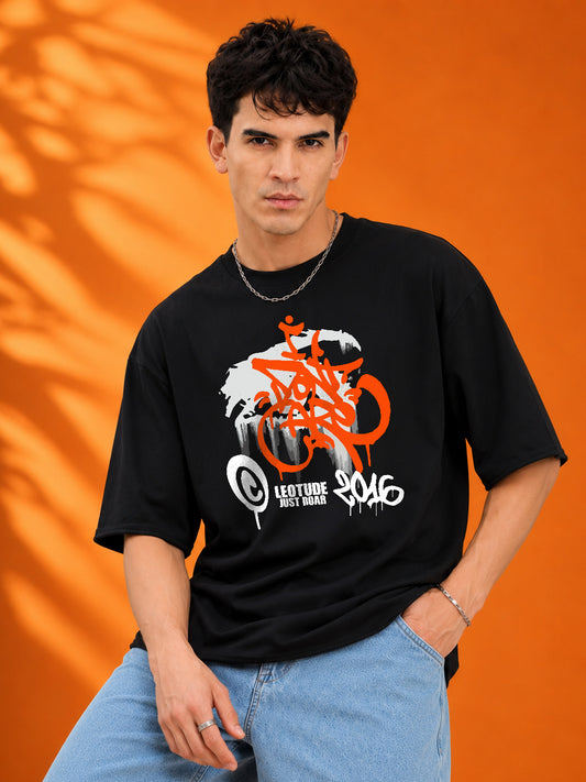 Leotude Men's "Don't Care" Graffiti Print Oversized T-Shirt — Black Streetwear Tee