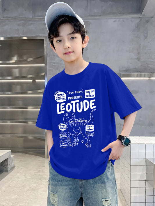 Leotude Boys "Velociraptor Fun Facts" Printed Oversized T-Shirt — Blue Kids Streetwear Tee