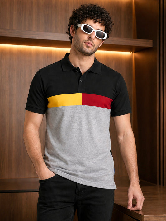 Leotude Men's Black Colour Block Polo T-Shirt
