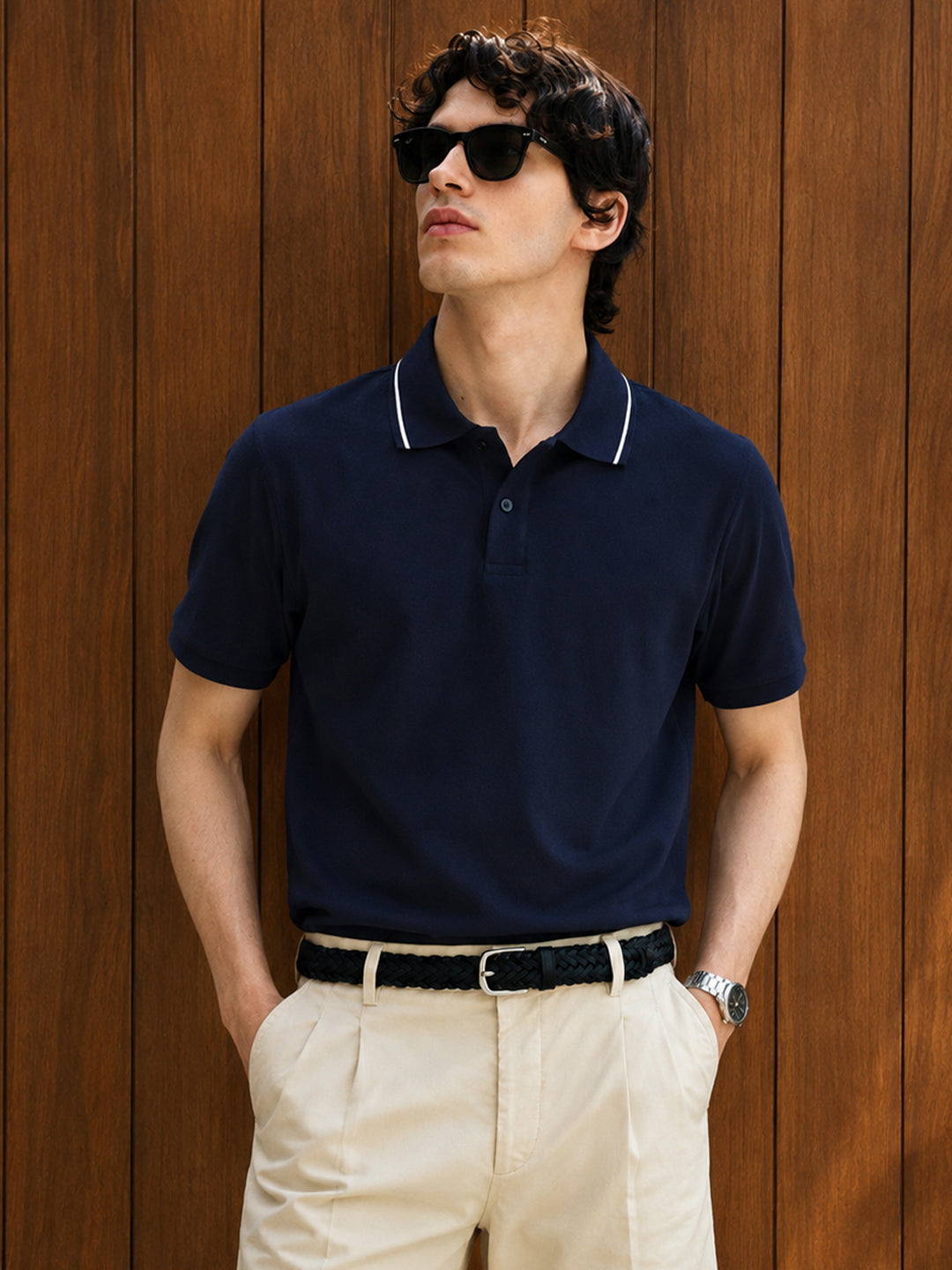 Leotude Men's Navy Blue Tipped Collar Polo T-Shirt