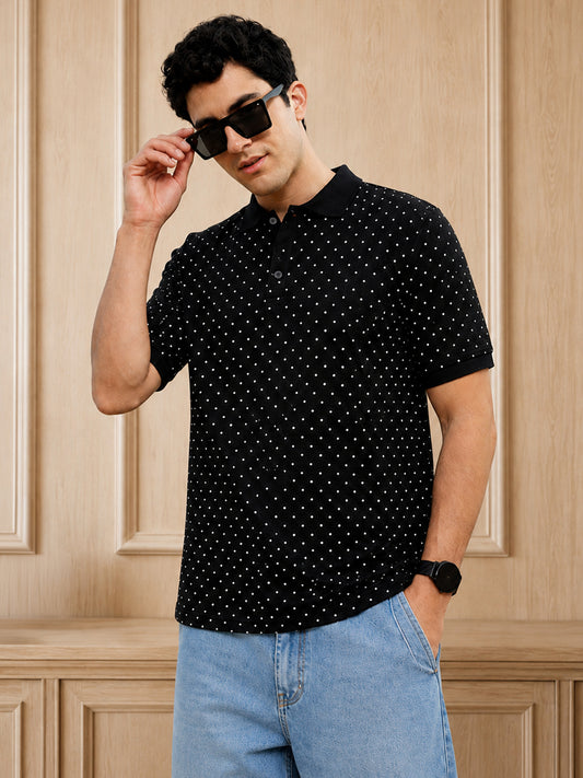 Leotude Men's Black Polka Dot Printed Polo T-Shirt