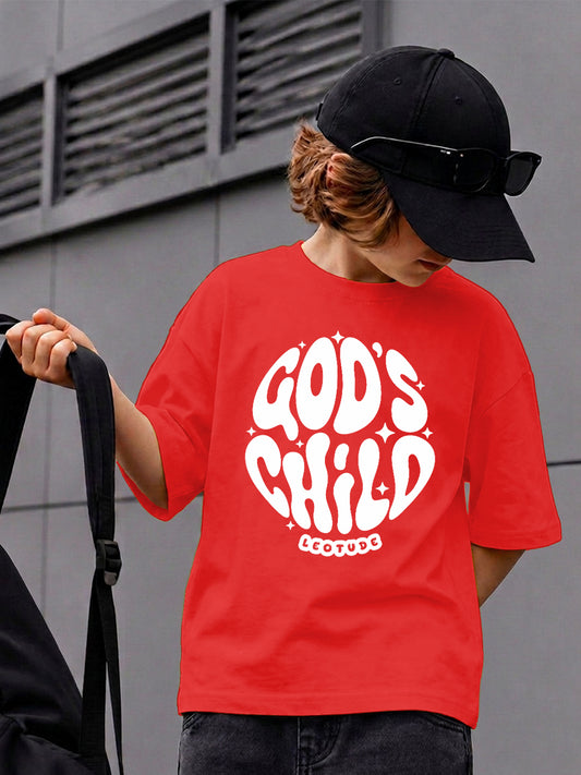 Leotude Boys "God's Child" Printed Oversized T-Shirt — Red Kids Streetwear Tee