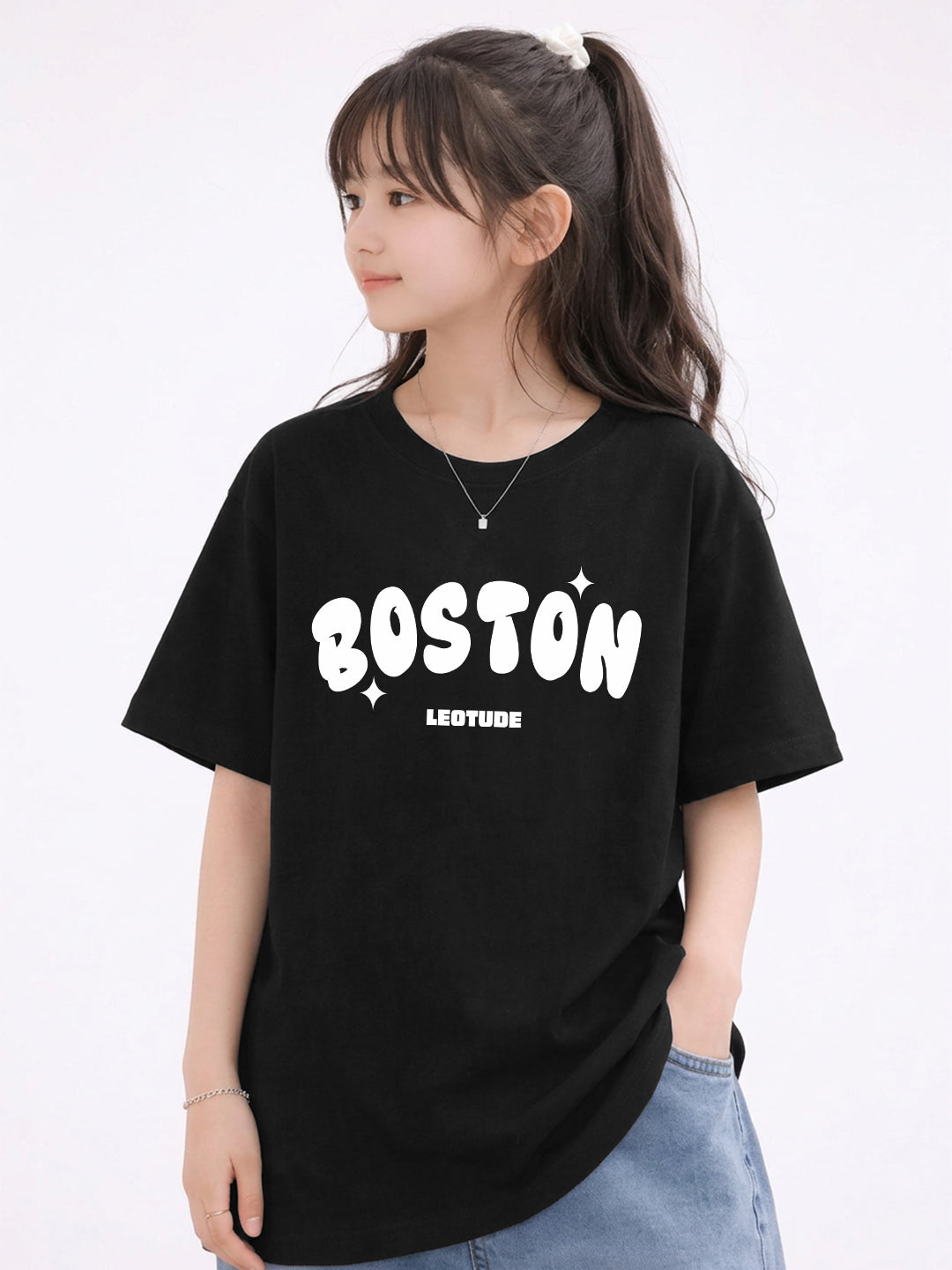 Leotude Girls "Boston" Printed Oversized T-Shirt — Black Kids Streetwear Tee