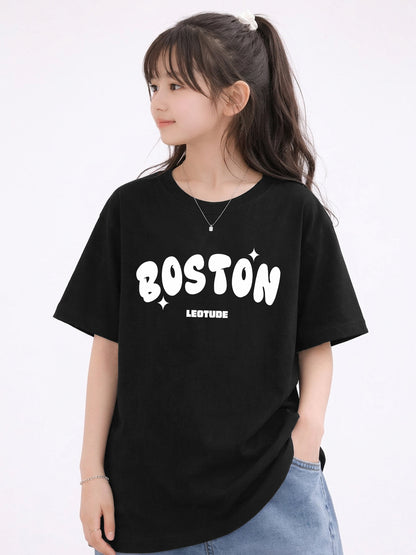 Leotude Girls "Boston" Printed Oversized T-Shirt — Black Kids Streetwear Tee