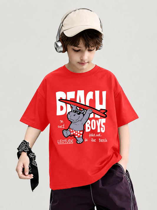 Leotude Boys "Beach Boys" Printed Oversized T-Shirt — Red Kids Streetwear Tee