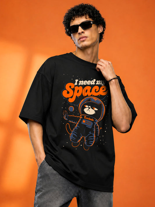 Leotude Men "I Need My Space" Printed Oversized T-Shirt — Black Streetwear Tee