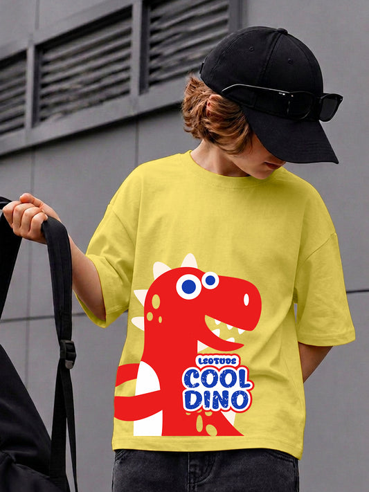 Leotude Boys "Cool Dino" Printed Oversized T-Shirt — Yellow Kids Streetwear Tee