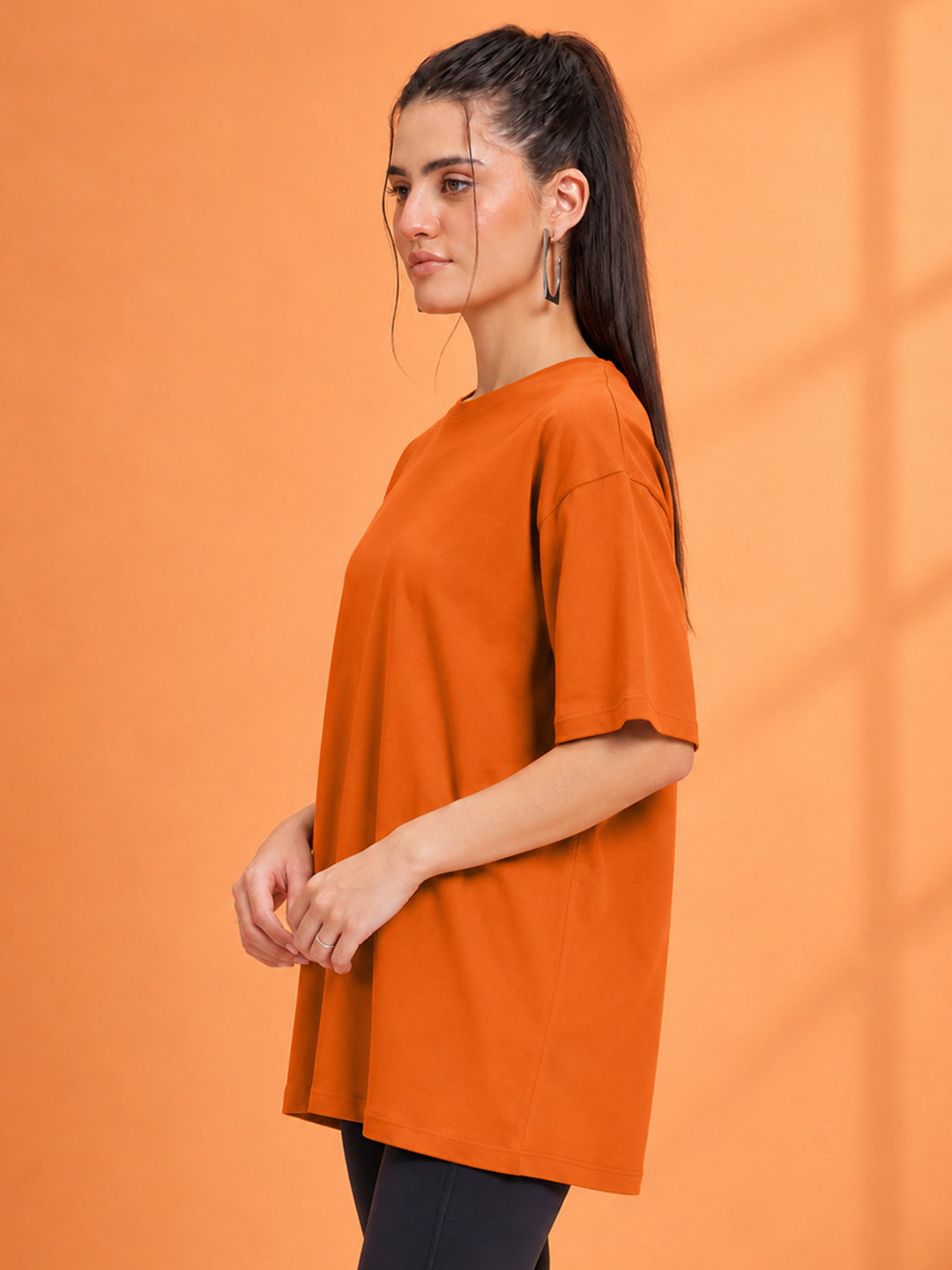 Leotude Oversized Plain T-Shirt — Women's Solid Cotton Drop-Shoulder Tee - Orange