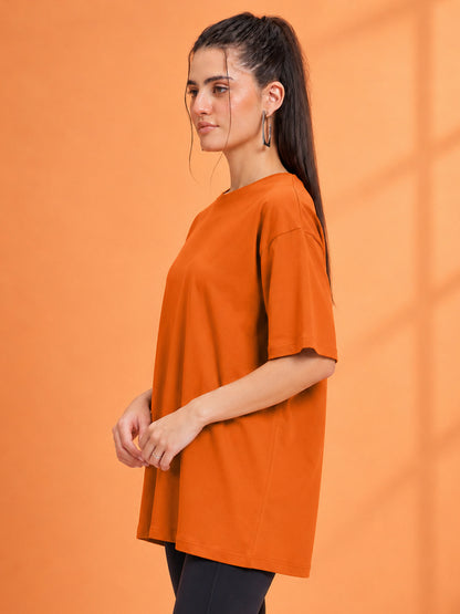 Leotude Oversized Plain T-Shirt — Women's Solid Cotton Drop-Shoulder Tee - Orange