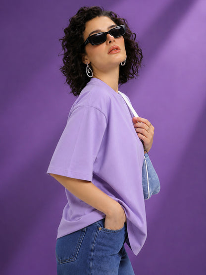 Leotude Oversized Plain T-Shirt — Women's Solid Cotton Drop-Shoulder Tee - Purple