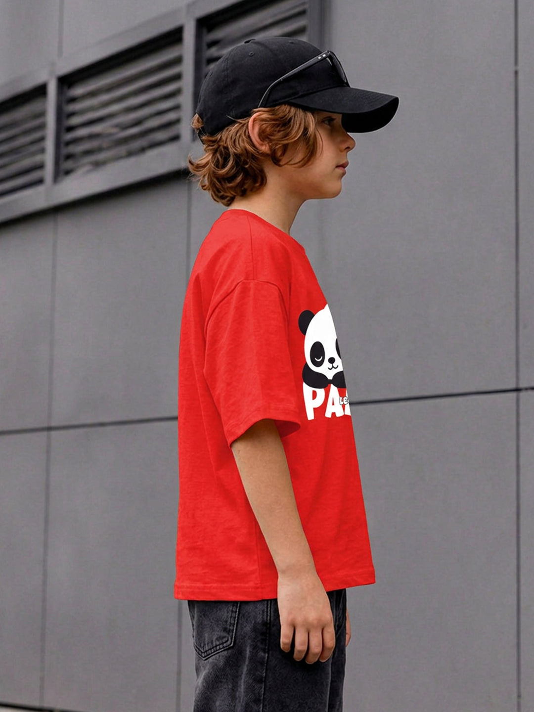 Leotude Boys "Panda" Printed Oversized T-Shirt — Red Kids Streetwear Tee