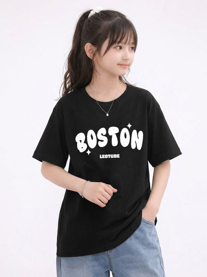 Leotude Girls "Boston" Printed Oversized T-Shirt — Black Kids Streetwear Tee