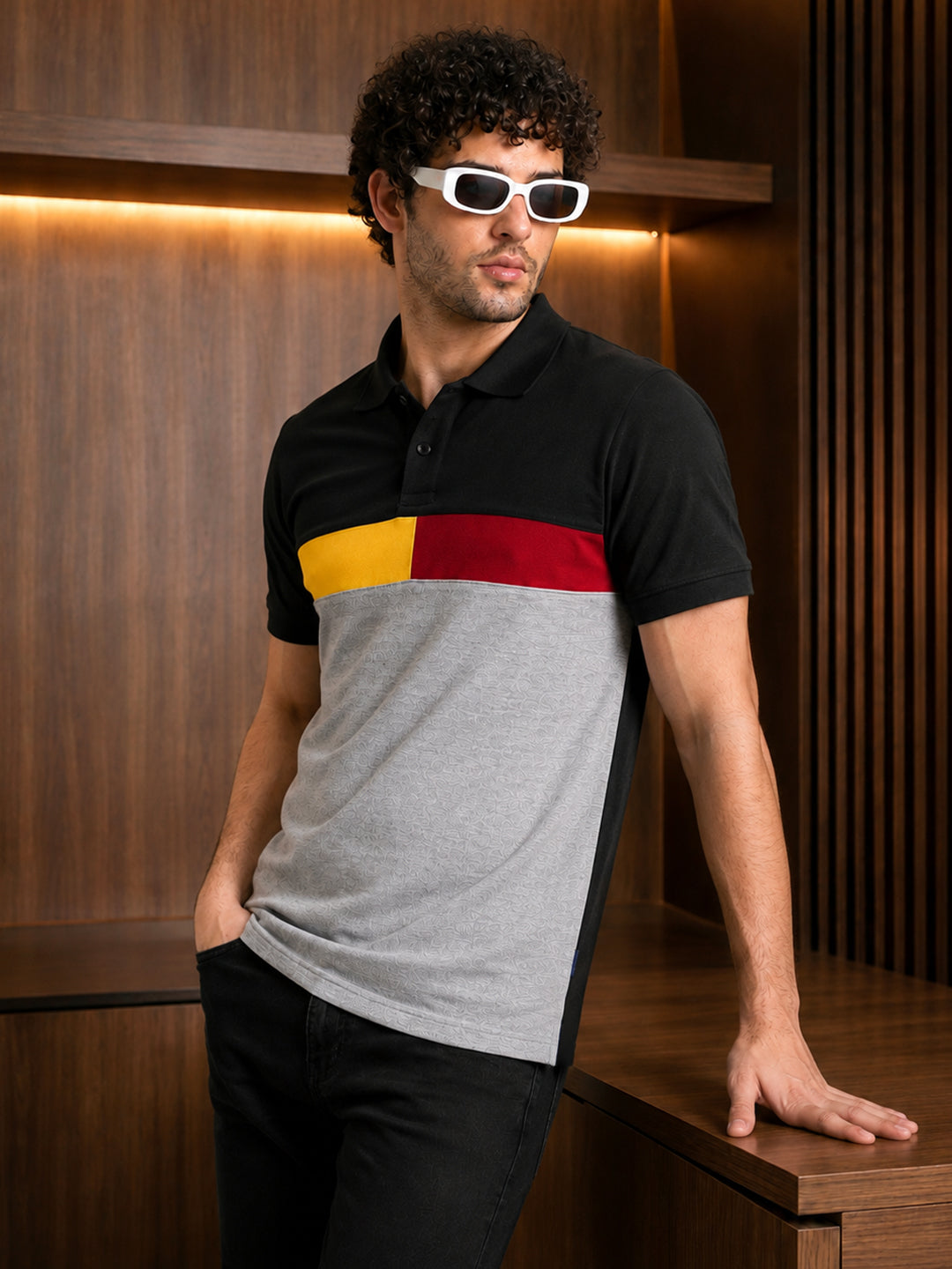 Leotude Men's Black Colour Block Polo T-Shirt