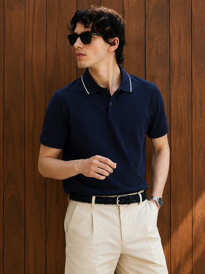 Leotude Men's Navy Blue Tipped Collar Polo T-Shirt