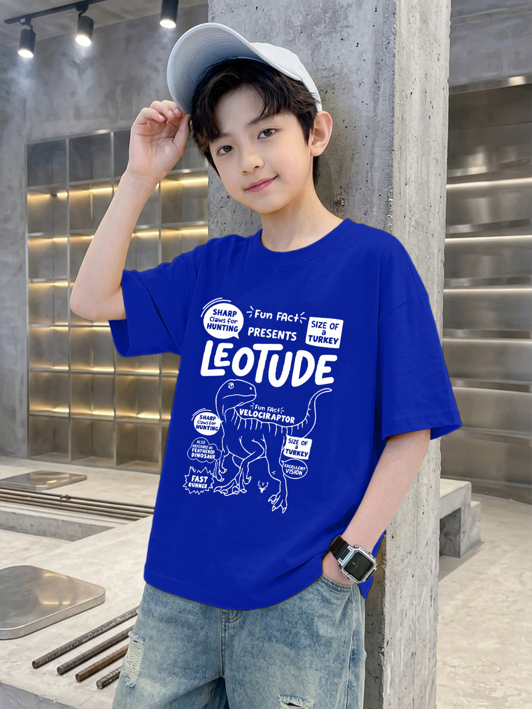 Leotude Boys "Velociraptor Fun Facts" Printed Oversized T-Shirt — Blue Kids Streetwear Tee