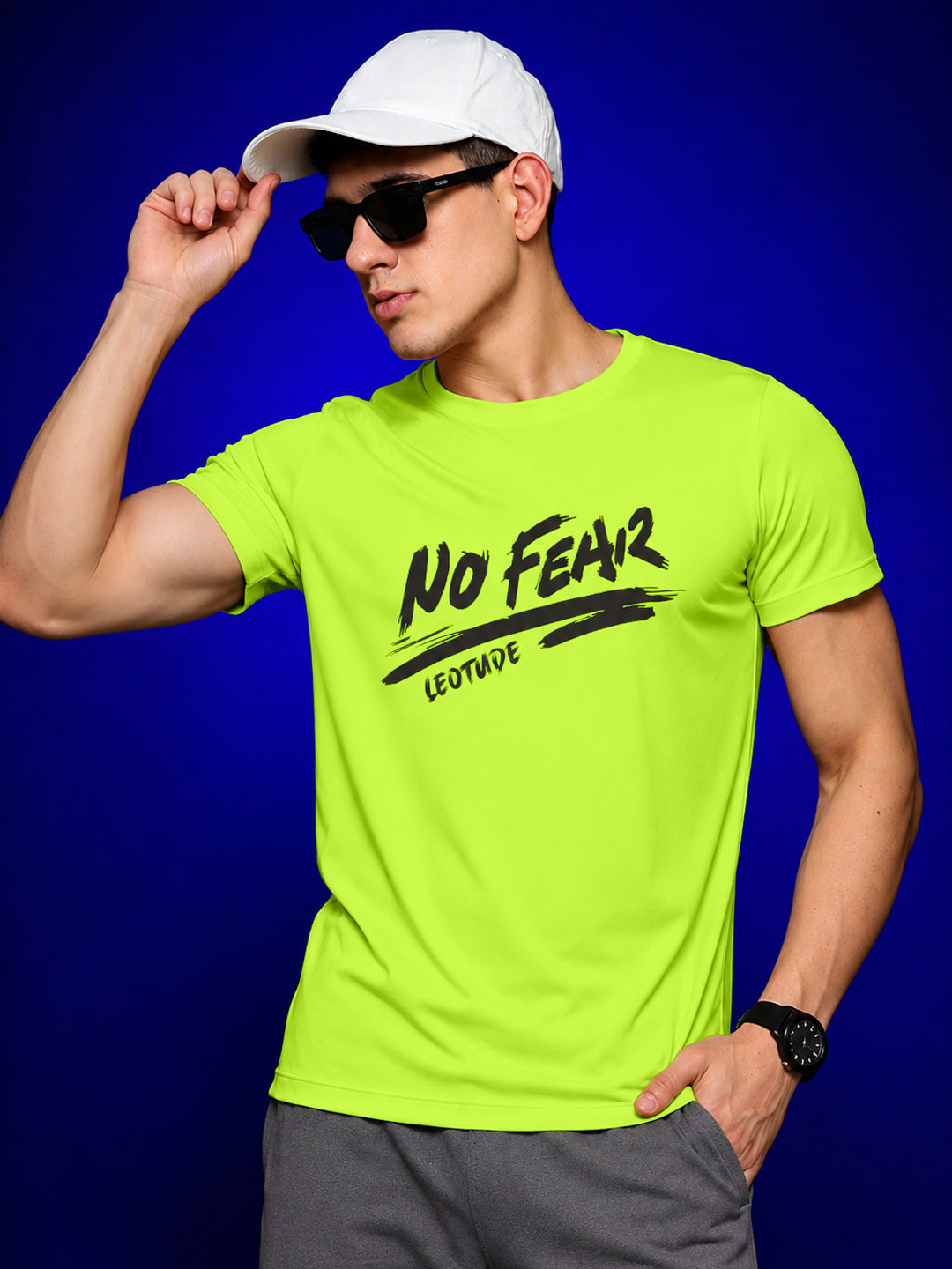 Leotude Neon Green No Fear Printed Regular Fit Tshirt for Men