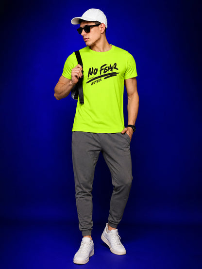 Leotude Neon Green No Fear Printed Regular Fit Tshirt for Men