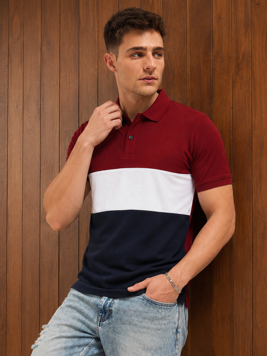 Leotude Men's Maroon White Navy Colour Block Polo T-Shirt