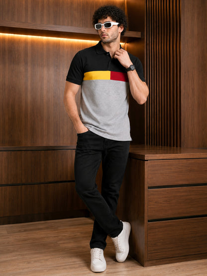 Leotude Men's Black Colour Block Polo T-Shirt