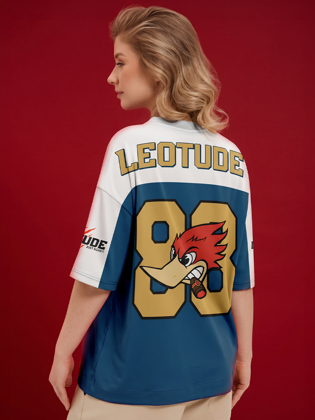 Leotude "Woodpecker 88" Cartoon Jersey Oversized T-Shirt — Women's Colorblock Tee
