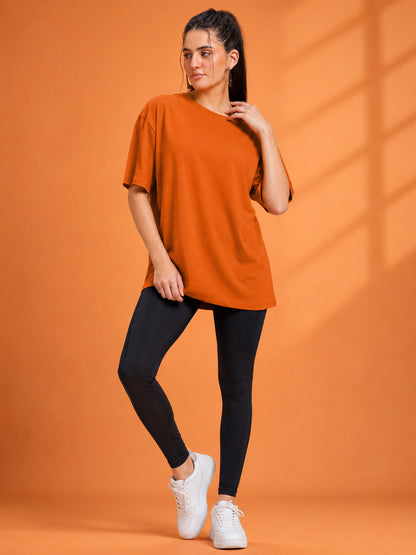 Leotude Oversized Plain T-Shirt — Women's Solid Cotton Drop-Shoulder Tee - Orange