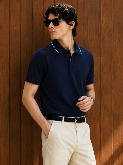 Leotude Men's Navy Blue Tipped Collar Polo T-Shirt