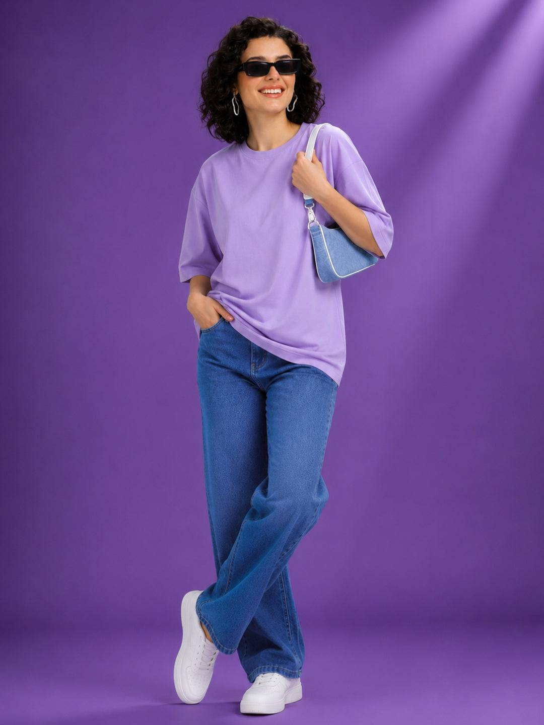 Leotude Oversized Plain T-Shirt — Women's Solid Cotton Drop-Shoulder Tee - Purple