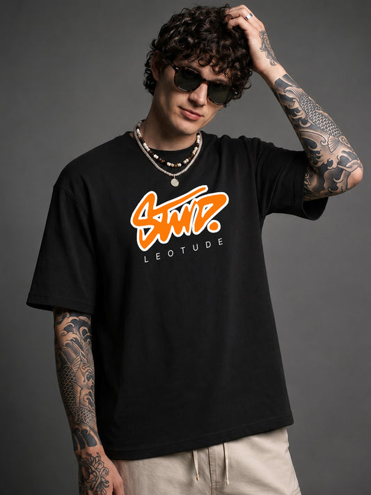 Leotude Men's "Stud" Printed Oversized T-Shirt — Black Streetwear Tee