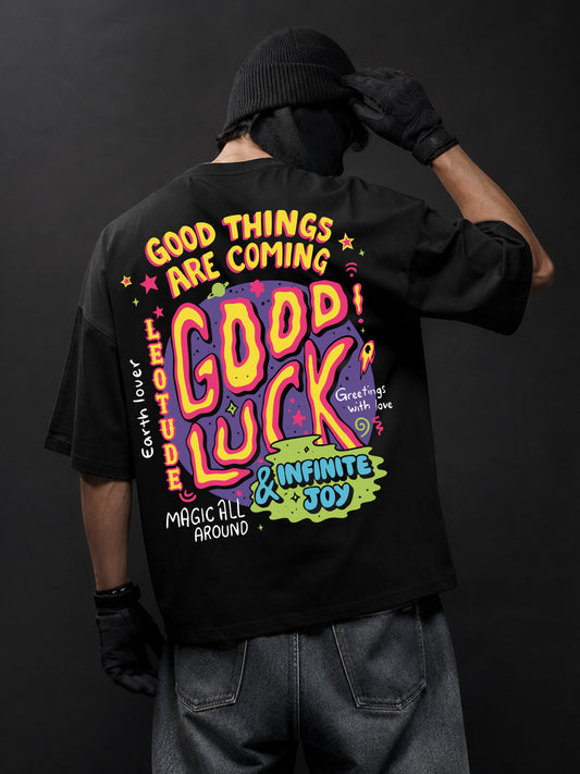 Leotude Men "Good Luck" Black Oversized T-Shirt