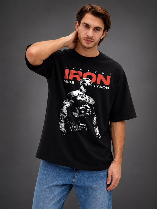 Leotude Men's Mike Tyson Iron Graphic Printed Black Oversized T-Shirt