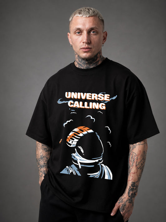 Leotude Men's "Universe Calling" Printed Oversized T-Shirt — Black Streetwear Tee